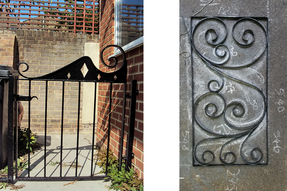 gate at Regent Road with pic of scroll work chalked up on studio floor by frances plowden